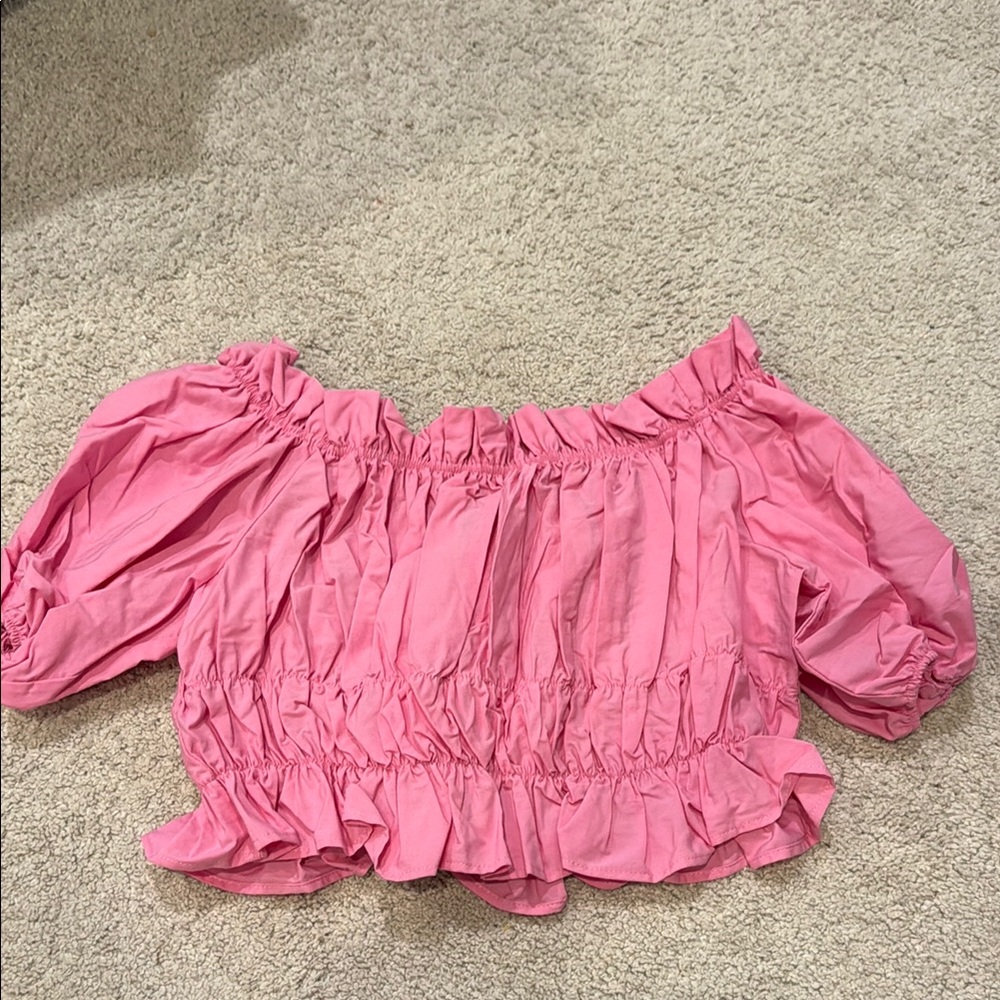 Zara Pink Smocked Crop Blouse with Puff Sleeves